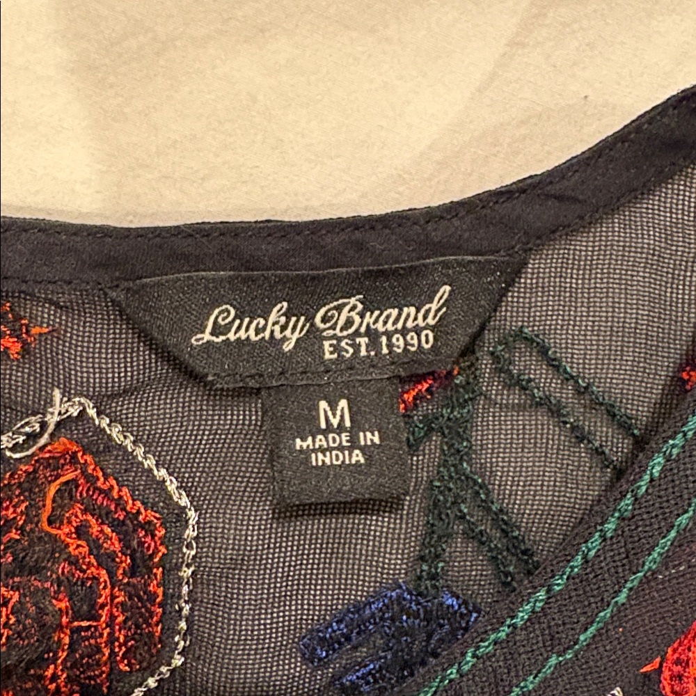 Lucky Brand Black Sheer Blouse with Red and Blue Embroidery - Picture 7 of 7